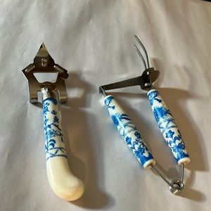 Vintage meat utensil and bottle/can opener white with blue art design